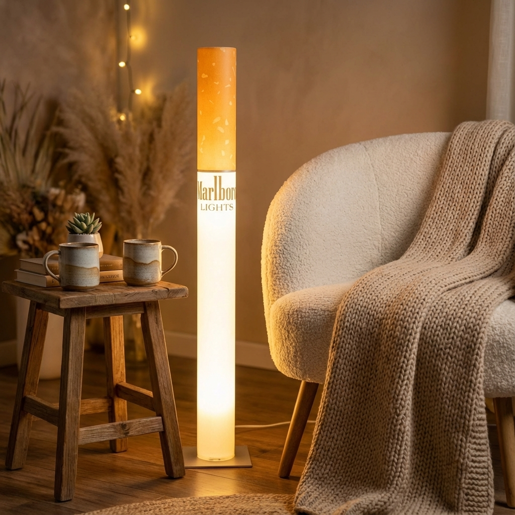 giant cigarette lamp, marlboro lamp, coffee bar decor, retro coffee light, unique kitchen lamp, cozy coffee corner, statement coffee lamp, viral coffee decor, retro bar light, coffee station floor lamp, home coffee bar, cozy kitchen light, coffee neon alternative