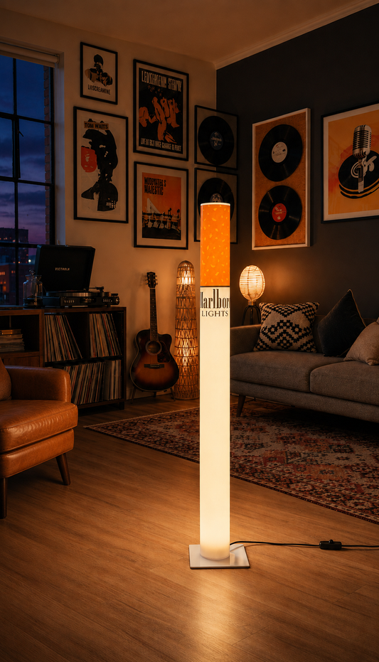 Retro vinyl lounge with pop art decor and glowing lamp