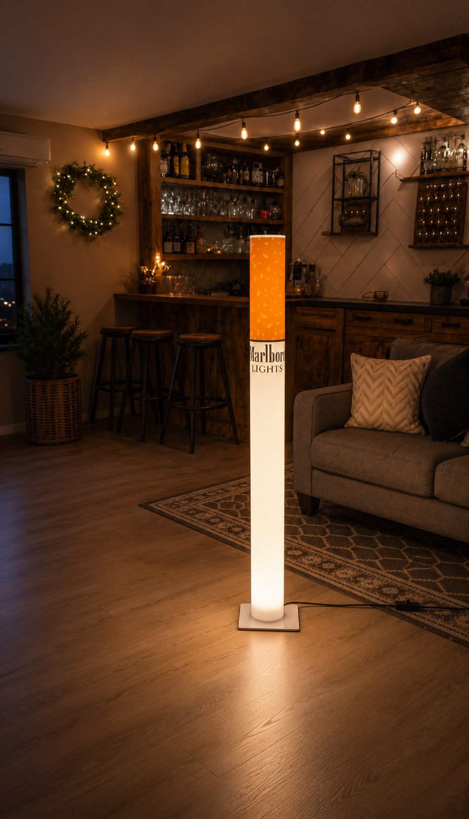 Warm wooden home bar with glowing lamp