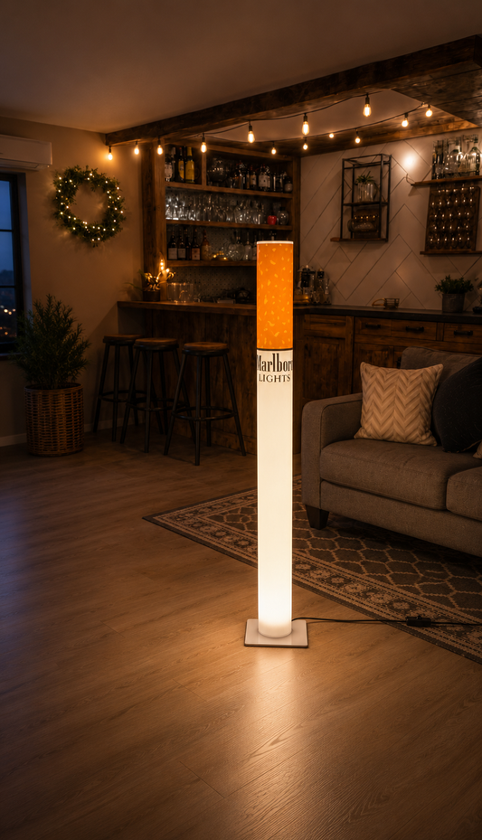 Warm wooden home bar with glowing lamp