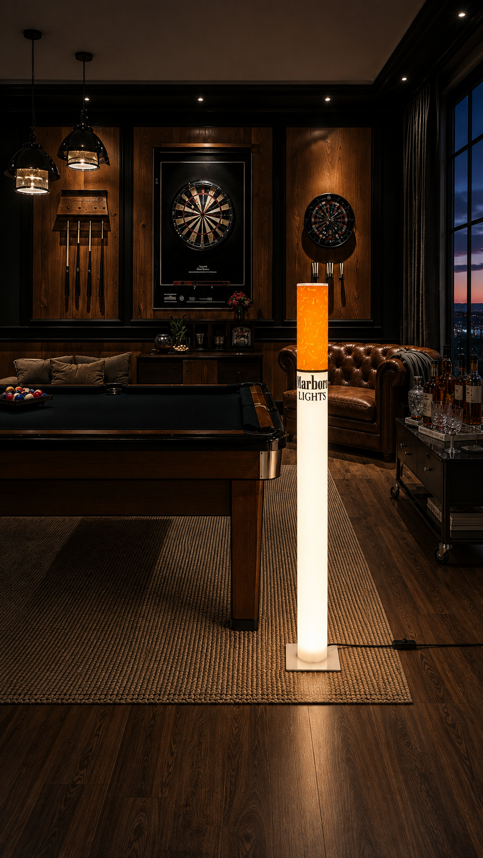 Man cave billiards lounge with warm lamp lighting