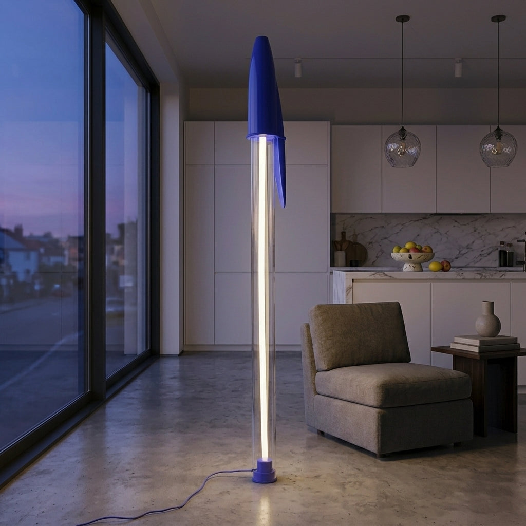 Giant BIC pen lamp on bookshelf reading nook decor
