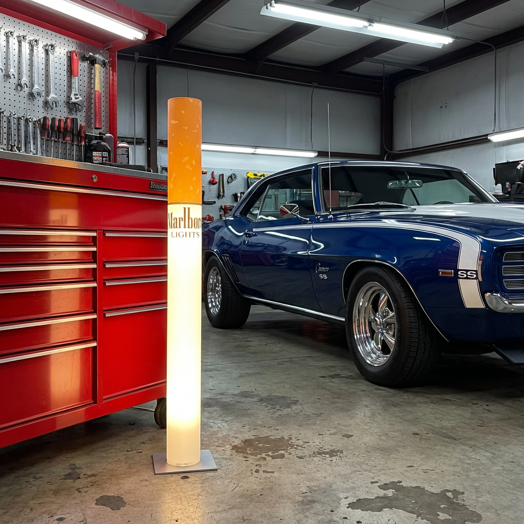 giant cigarette lamp, marlboro lamp, industrial garage lamp, workshop floor light, retro garage decor, unique industrial light, statement workshop lamp, man cave garage light, retro industrial floor lamp, garage statement decor, industrial man cave, workshop retro light, garage tool lamp

