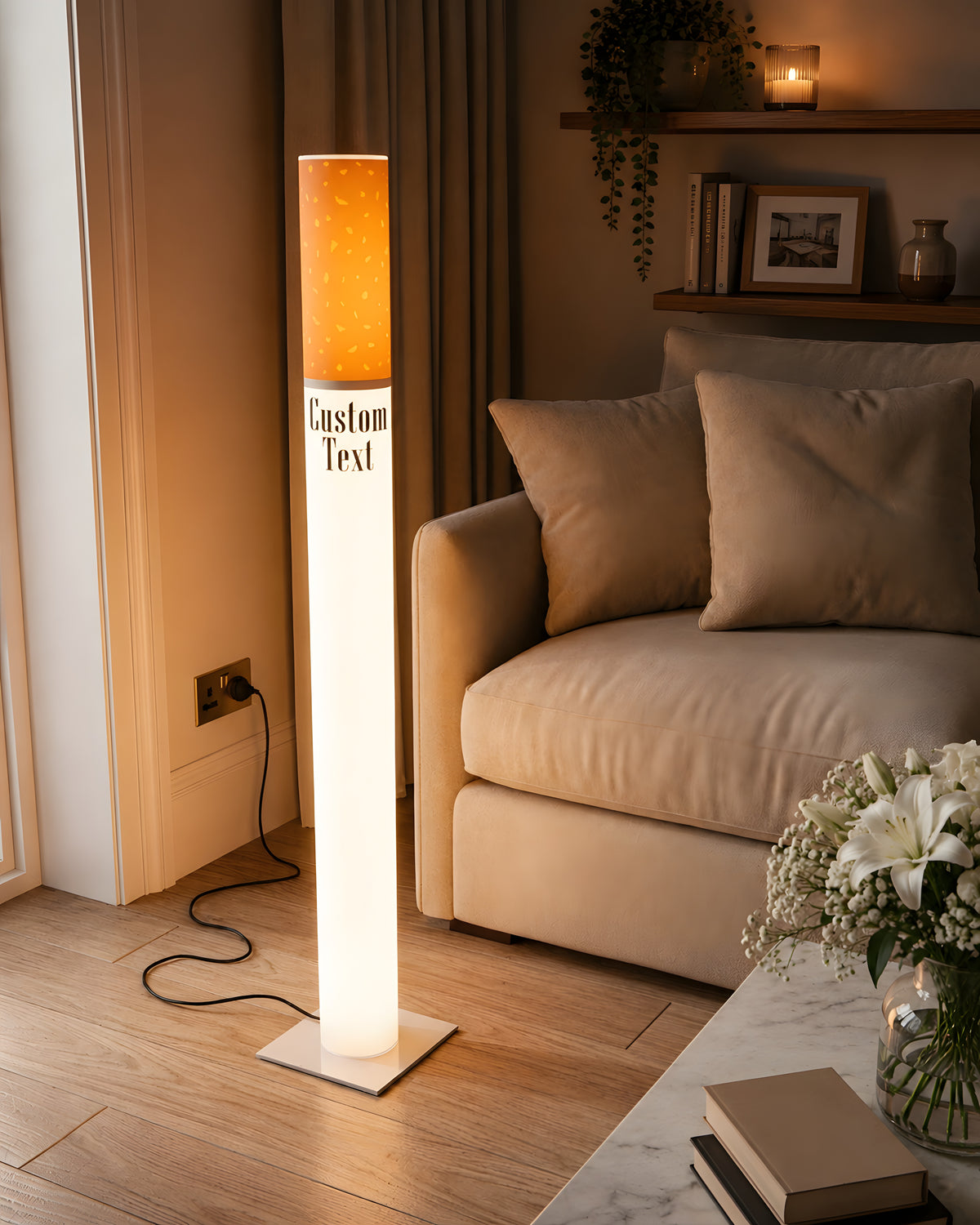 Marlboro Lamp giant cigarette lamp 95 cm glowing warm in a cozy neutral living room corner with a beige sofa and fresh flowers