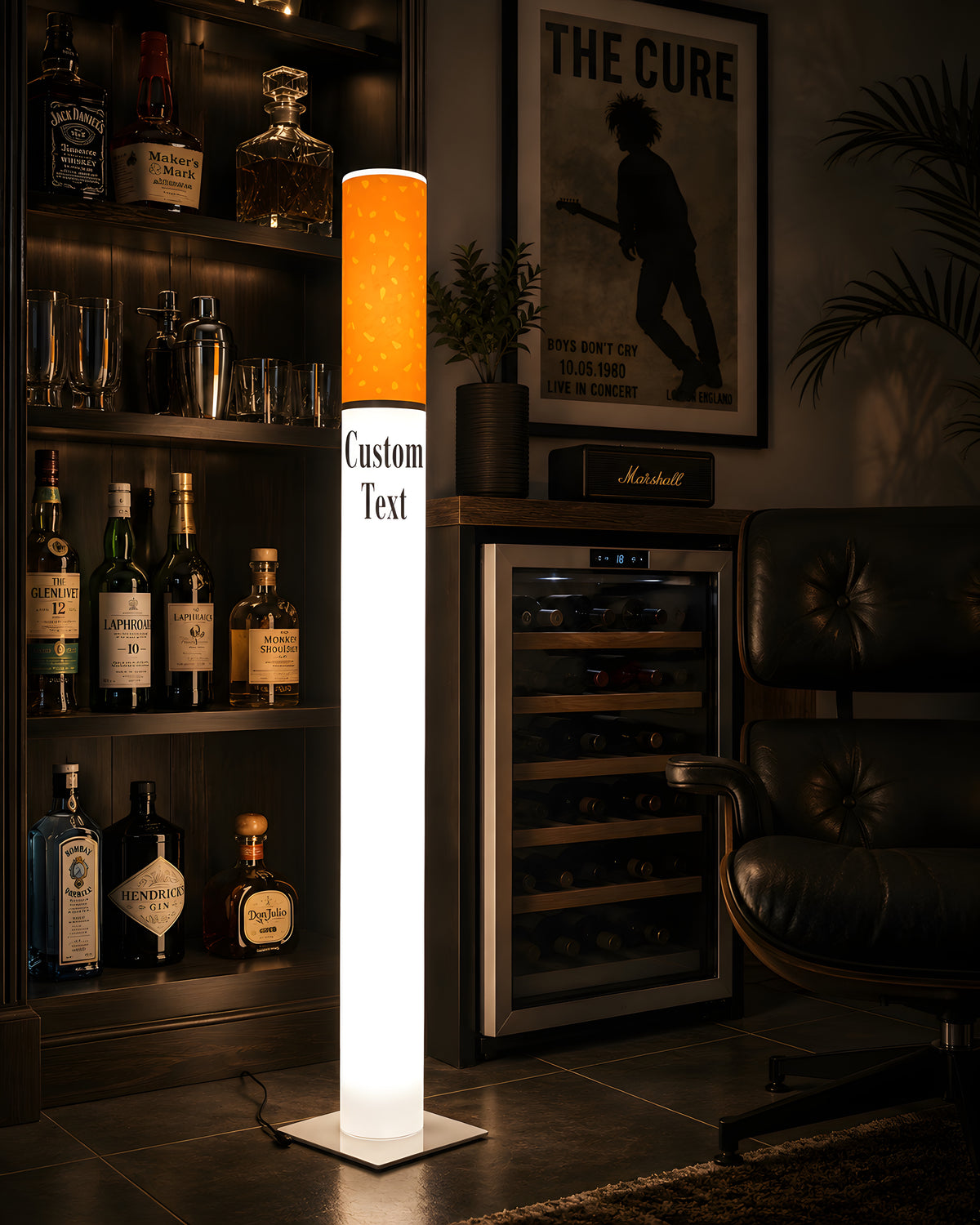Marlboro Lamp giant cigarette lamp in a dark luxury home bar with a backlit whiskey bottle cabinet and built in wine fridge