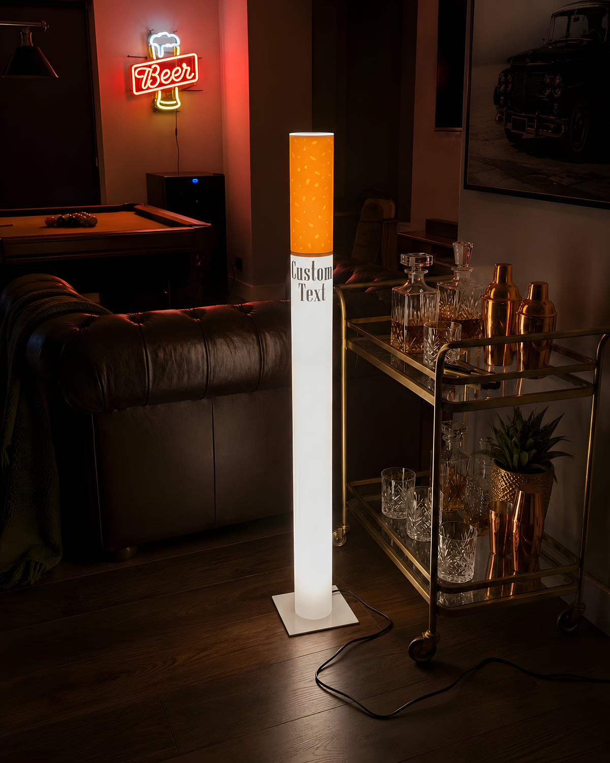 Marlboro Lamp giant cigarette floor lamp 95 cm glowing in a man cave game room beside a leather sofa, gold bar cart and neon beer sign