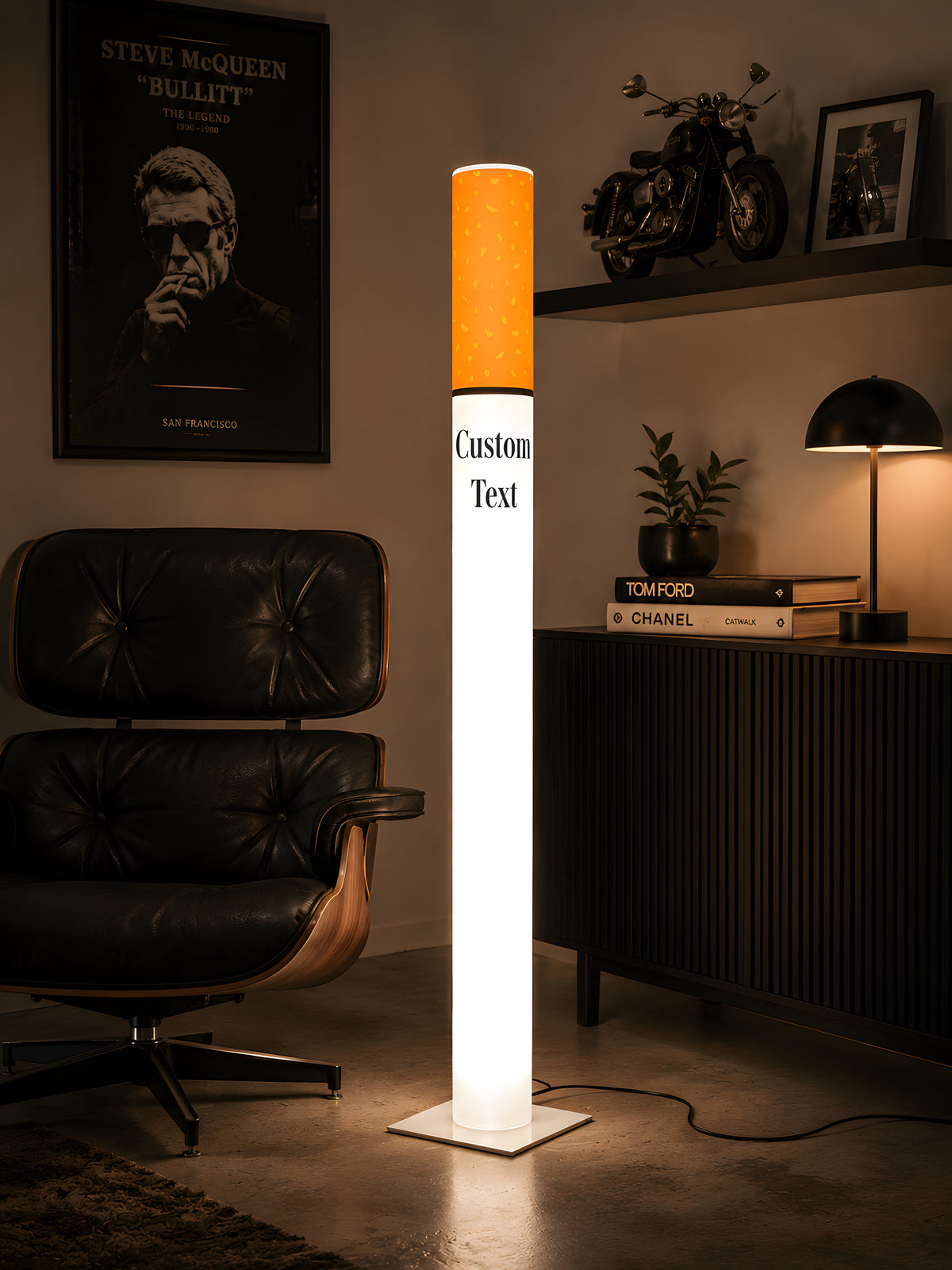 Marlboro Lamp novelty cigarette floor lamp in a mid century modern home office with a black leather lounge chair and vintage movie posters
